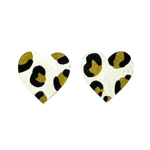 Large gold and black leopard print heart studs hand painted wooden earrings