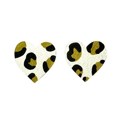 Boucles d'oreilles en bois peintes à la main de grands clous de coeur d'impression de léopard d'or et noirs