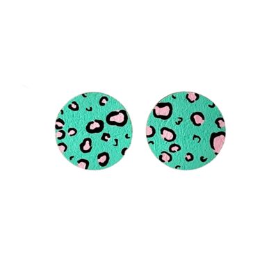 Large green and pink leopard print circle studs hand painted earrings