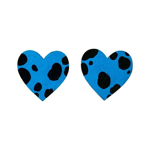 Large blue and black dalmatian heart studs hand painted earrings