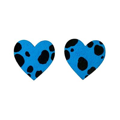 Boucles d'oreilles peintes à la main de grands clous de coeur dalmatiens bleus et noirs