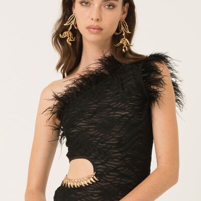 Danica Feather Trim Asymmetric Bodysuit