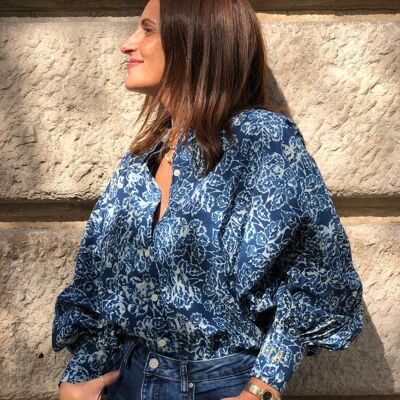 Bubble-Bluse mit Indigo-Print