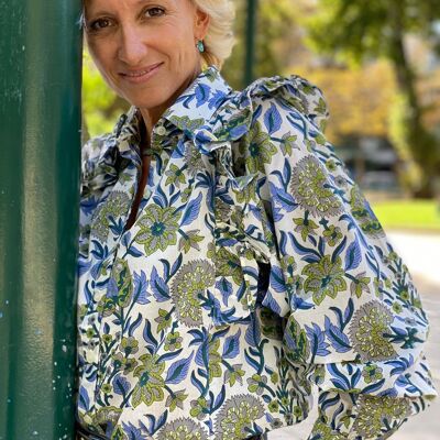 Goldo-Bluse mit Fresh Green & Blue-Print