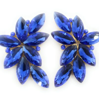 Boucles d'Oreilles Florales Spectaculaires Cristaux Bleu Saphir, Or