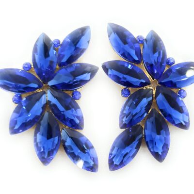 Boucles d'Oreilles Florales Spectaculaires Cristaux Bleu Saphir, Or