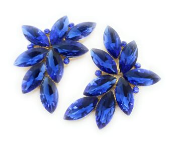 Boucles d'Oreilles Florales Spectaculaires Cristaux Bleu Saphir, Or 3