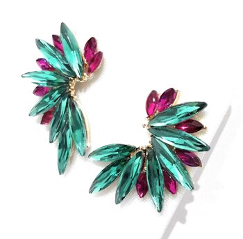 Boucles d'Oreilles Cristaux Brillants Vert Emeraude Fuchsia, Doré 4