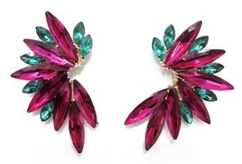 Boucles d'Oreilles Cristaux Brillants Fuchsia Vert Emeraude, Doré 1