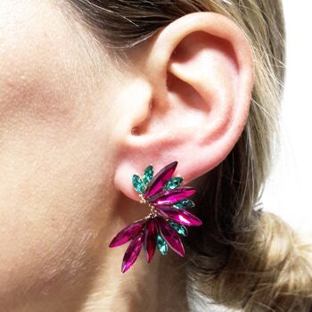 Boucles d'Oreilles Cristaux Brillants Fuchsia Vert Emeraude, Doré 2