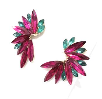 Boucles d'Oreilles Cristaux Brillants Fuchsia Vert Emeraude, Doré 3