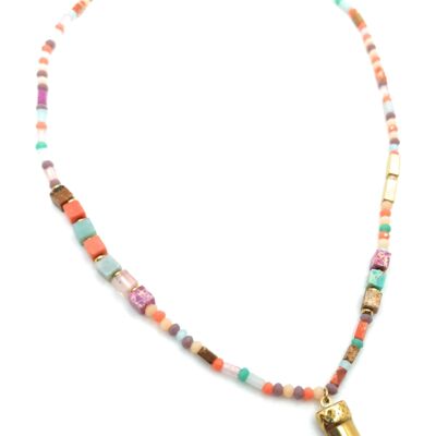 Collier Court Perles Cristal Multicolores Pendentif Doré