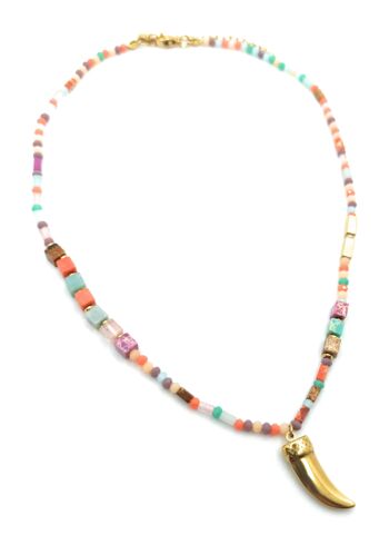 Collier Court Perles Cristal Multicolores Pendentif Doré 1