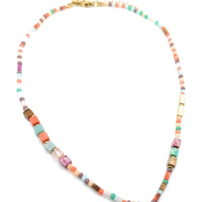 Short Multicolor Crystal Beads Necklace Golden Pendant