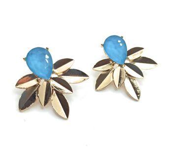 Boucles d'Oreilles Dorées Feuilles de Laurier Or Cristal Bleu Clair 1