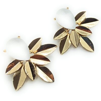 Golden Earrings with Crystal Gold Laurel Leaves White