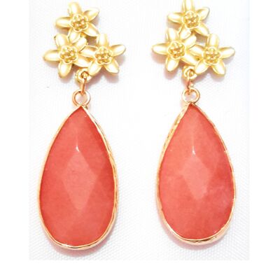 Boucles d'Oreilles Pierres Semi-précieuses Fleurs Corail Doré