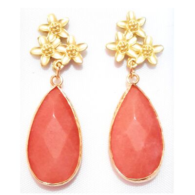 Semiprecious Stone Earrings Golden Coral Flowers