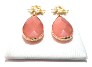 Boucles d'Oreilles Pierres Semi-précieuses Fleurs Corail Doré 6