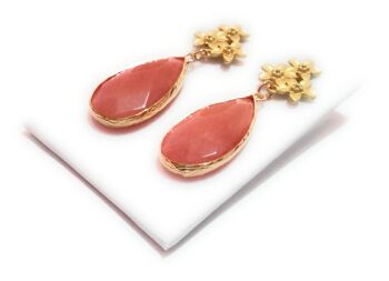 Boucles d'Oreilles Pierres Semi-précieuses Fleurs Corail Doré 7