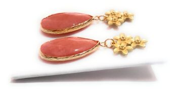 Boucles d'Oreilles Pierres Semi-précieuses Fleurs Corail Doré 8