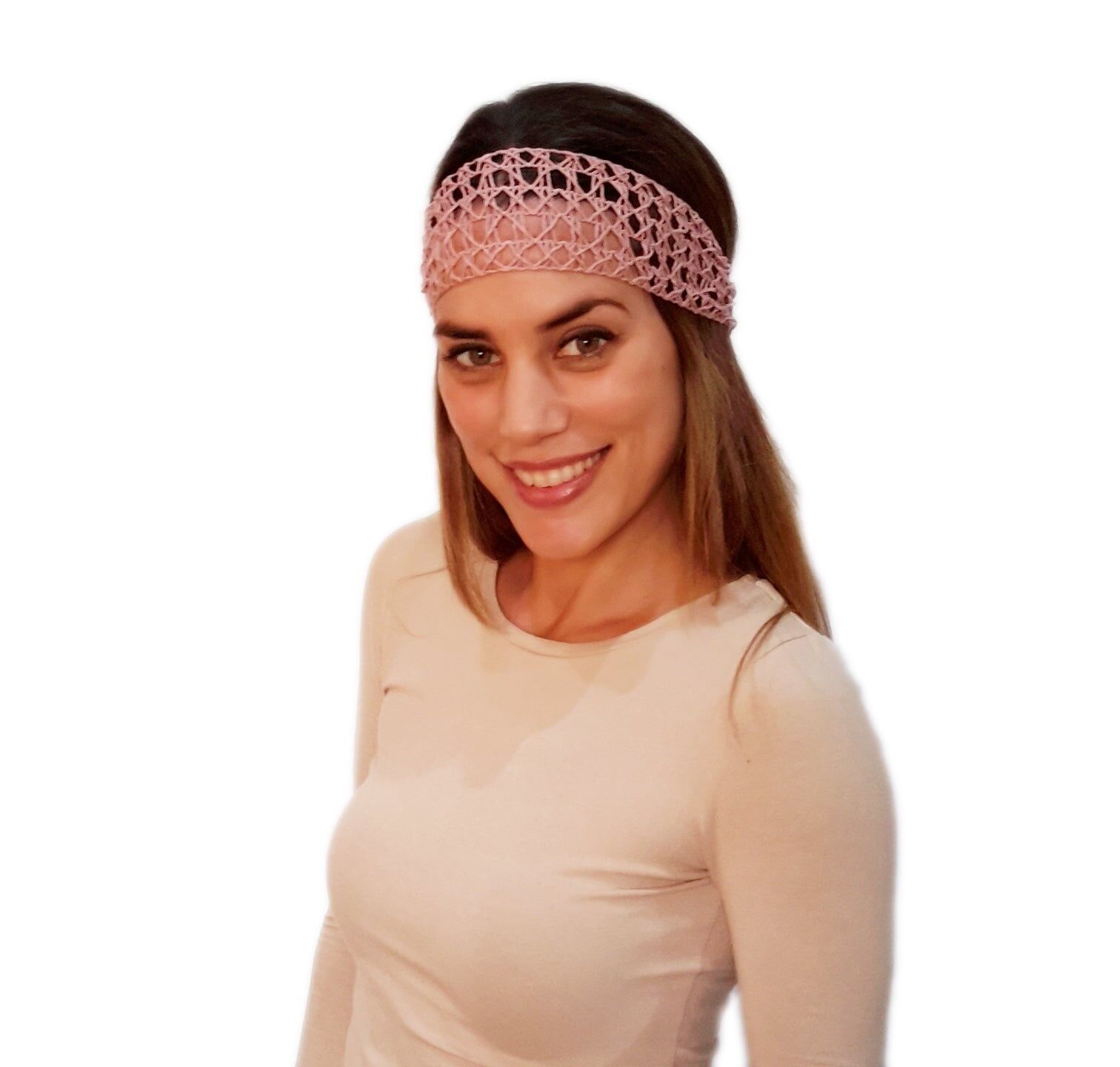 Fascia per capelli elastica all'uncinetto rosa