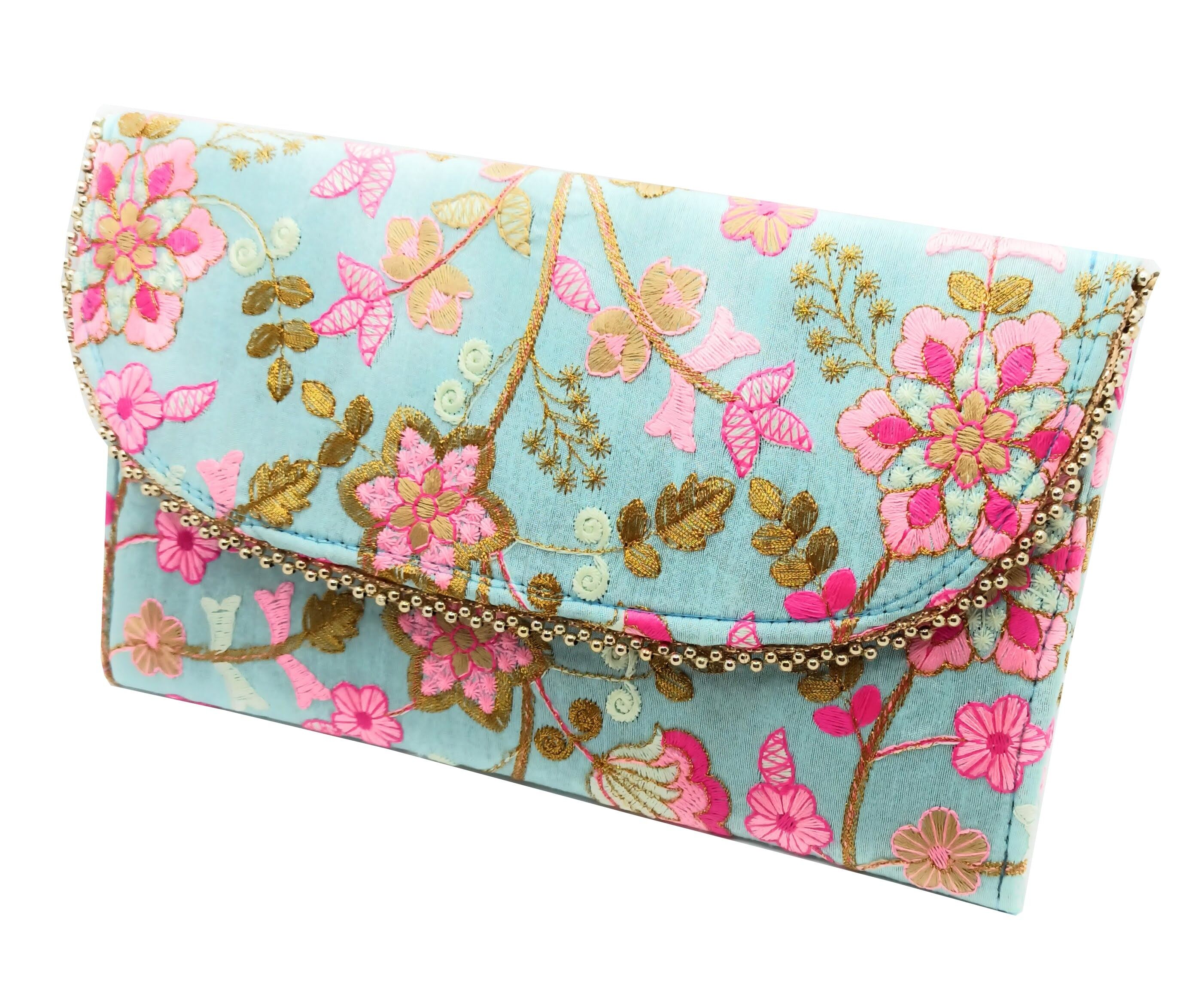 Pochette Grande Ricamata Artigianato, Celeste Rosa