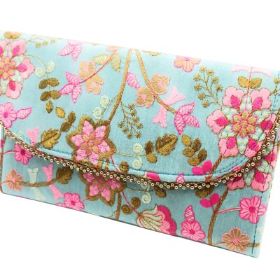 Pochette Grande Ricamata Artigianato, Celeste Rosa