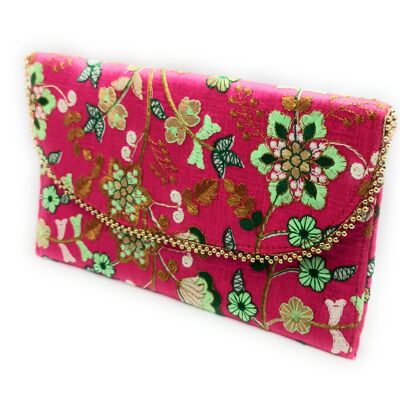 Large Clutch Embroidered Crafts, Fuchsia Green