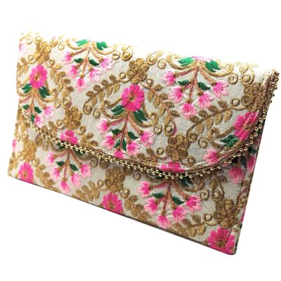 Grande Pochette Brodée Artisanat, Beige Vert Fuchsia