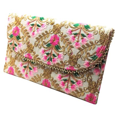 Large Clutch Embroidered Crafts, Beige Fuchsia Green
