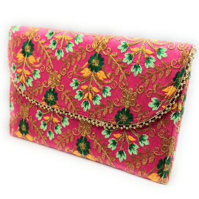 Grande Pochette Brodée Artisanat, Fuchsia Vert Moutarde