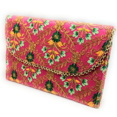 Large Clutch Embroidered Crafts, Fuchsia Mustard Green