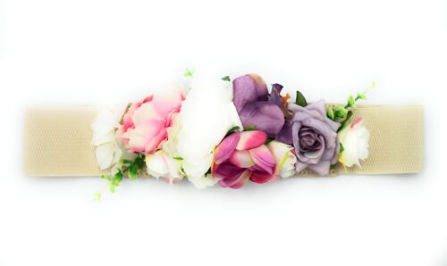 Cinturón de Flores · Cinta Beis, Flores Malva Marfil Fucsia