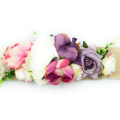 Flower Belt · Beige Ribbon, Mauve Ivory Fuchsia Flowers