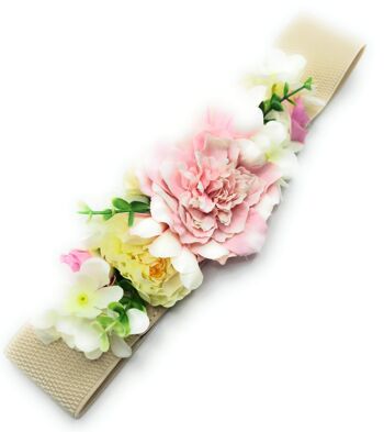 Ceinture Fleurie · Ruban Beige, Fleurs Roses 2