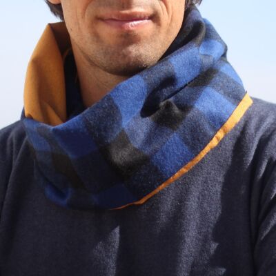 Neck Scarf Man · Squares Blue Black, Reverse Mustard