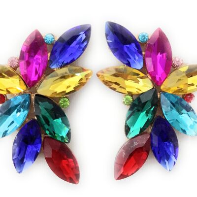 Boucles d'Oreilles Florales Spectaculaires Cristaux Multicolores, Or