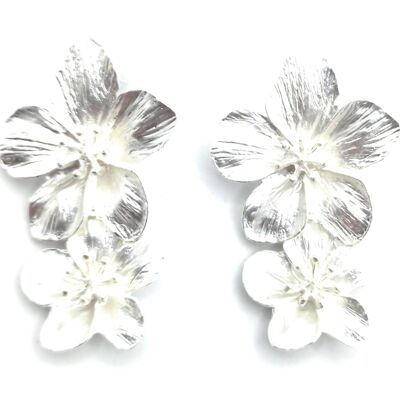 Long Silver Double Flower Earrings Matte Silver