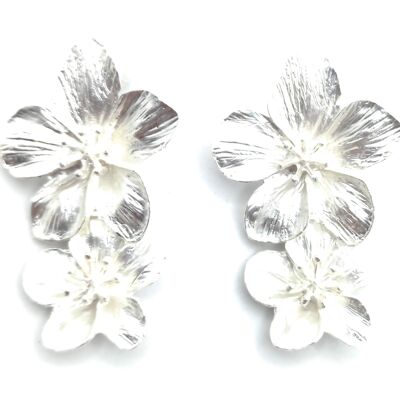 Long Silver Double Flower Earrings Matte Silver