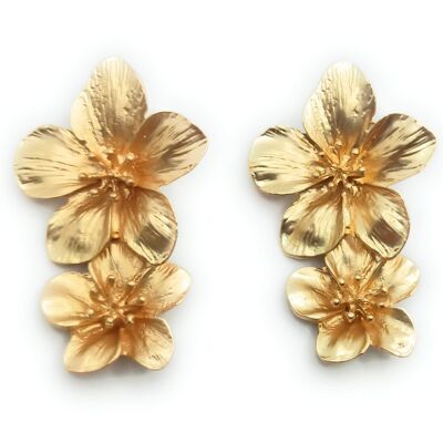 Long Golden Double Flower Earrings Matte Gold