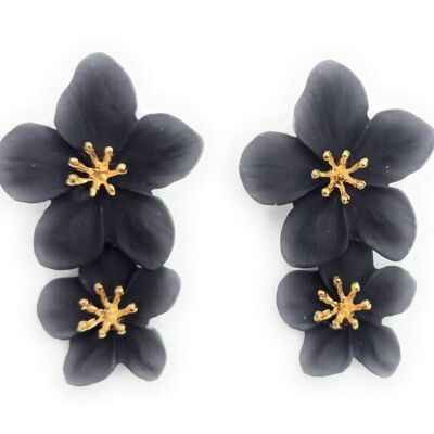 Double Flower Long Earrings Black