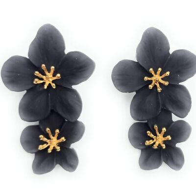 Double Flower Long Earrings Black