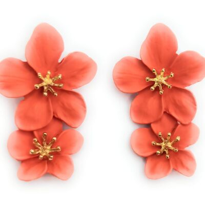 Boucles d'Oreilles Longues Double Fleur Orange