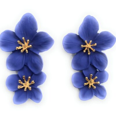 Double Flower Long Earrings Blue