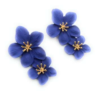 Boucles d'Oreilles Longues Double Fleur Bleu 2