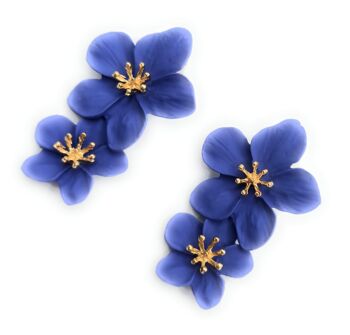 Boucles d'Oreilles Longues Double Fleur Bleu 3