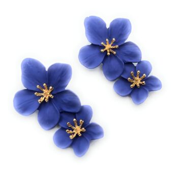 Boucles d'Oreilles Longues Double Fleur Bleu 4