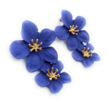 Boucles d'Oreilles Longues Double Fleur Bleu 7