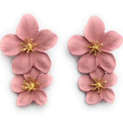 Double Flower Long Earrings Old Pink